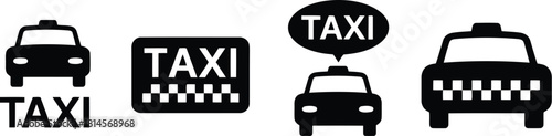 Black and White Taxi Icon Set Featuring Car Silhouettes, Checkered Pattern, and Speech Bubble
