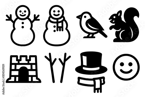 Brutalist Snowy Companions. Snowy Companionship silhouette icon set: two snowmen, snowbird, friendly squirrel, snow fort, twig arms, top hat, warm scarf, smiling face