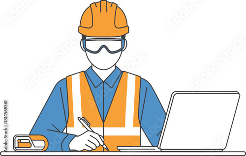 Construction worker wearing ppe taking notes at desk with laptop