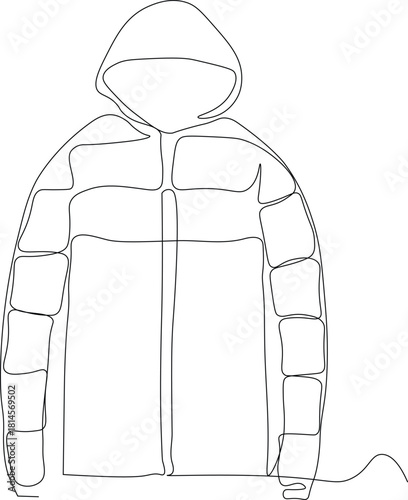 Puffer jacket single line illustration. Puffer with hoodie continous one line art. Easily editable