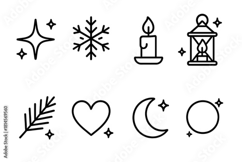 Winter Icons Collection. Winter sparkle linear icon set : sparkling star, snowflake, candle flame, lantern, pine twig, heart, moon, glowing orb