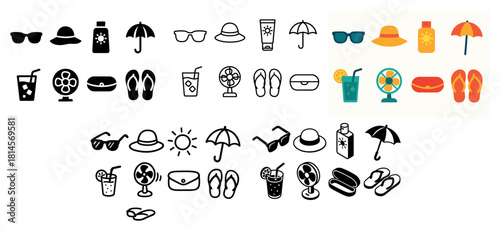 Summer icons collection: sunglasses, hat, umbrella, drink