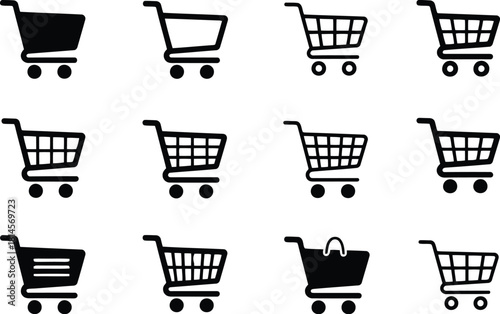 Collection of Black and White Shopping Cart Icons, Different Styles and Cart Designs Displayed