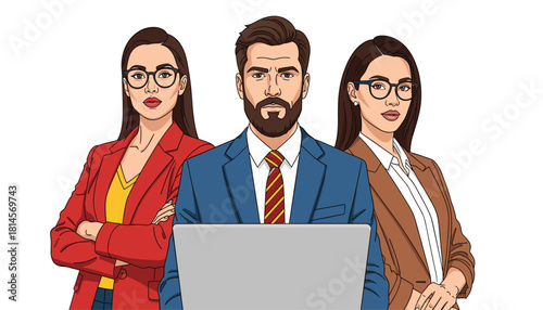 Business team vector illustration with confident professionals standing behind a laptop in formal attire