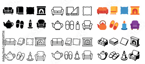 Sofa and teapot icon set in various styles