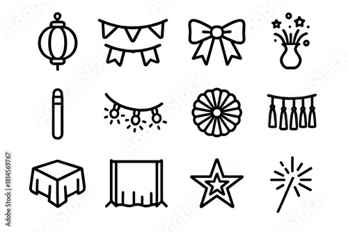 Party Decor Icons. Party Décor Icons linear icon set: hanging lantern, garland, ribbon bow, centerpiece vase, glow stick, LED string lights, paper fan, tassel fringe, tablecloth