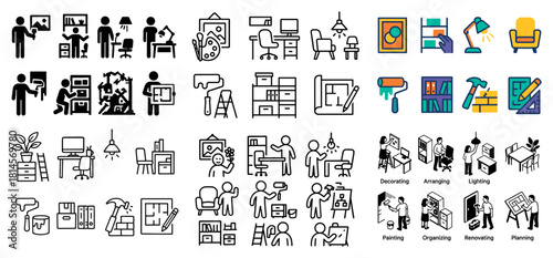 Home office decoration and renovation icons set