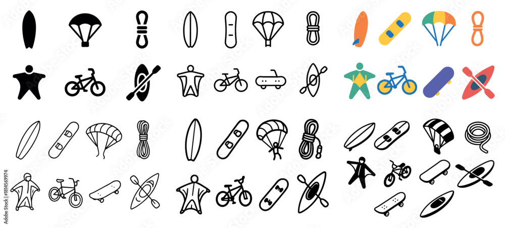 Fototapeta premium Outdoor adventure icons: parachute, surfer, bicycle