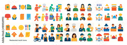 Colorful restaurant work icons and occupation symbols
