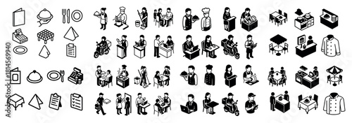 Isometric icons of dining and hospitality scenes