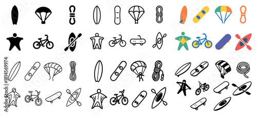 Outdoor adventure icons: parachute, surfer, bicycle
