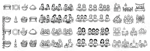 Family meals and dining icon set