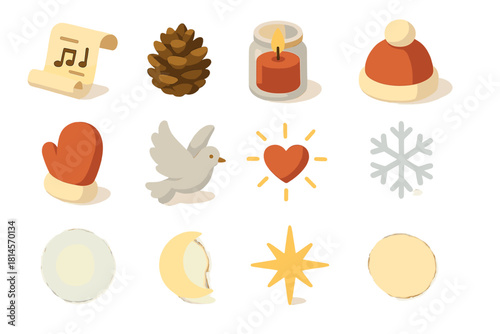 Winter Icon Set. Winter Carolers flat icon set : music scroll, pinecone, candle jar, wool hat, mitten, dove, radiant heart, snowflake, glowing aura, moon glow, starburst, soft