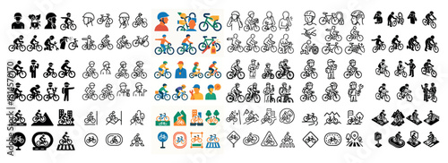 Variety of bicycle icons in different styles and colors