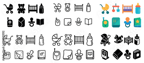 Baby items icons set in various styles and colors