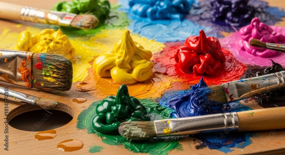 Fototapeta premium Colorful Paint Palette with Brushes for Artistic Creations.