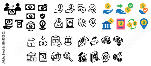 Money transfer icons set with diverse styles