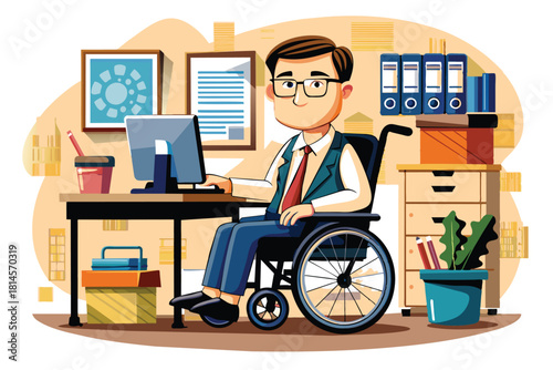 Male person with disability working in office, flat illustration, vector illustration.