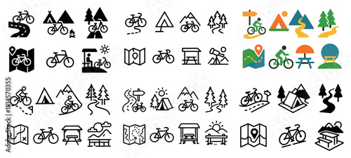 Colorful and line icons of travel and cycling