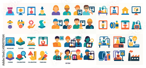 3d printing process icons and diverse technicians