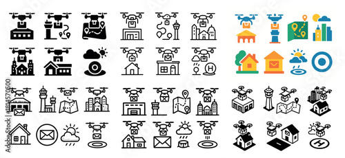 Drone delivery icons and smart city graphics