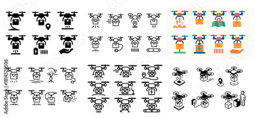 Drone icon set with delivery and surveillance symbols