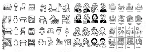 Furniture and interior design line icon set