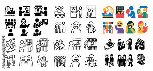 Icon set of amusement park and people activities