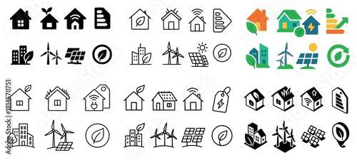 Renewable energy icons: solar, wind, eco symbols