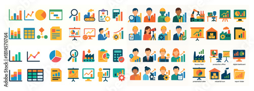 Business and industry icon set with diverse characters