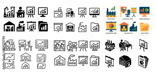 Business growth icons: charts and office graphics