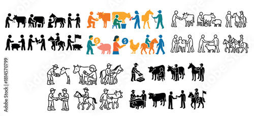 Diverse agricultural icons: people and animals