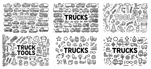 Truck tools and vehicles sketch set