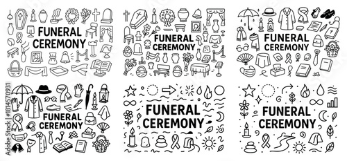 Funeral ceremony icons collection in black and white