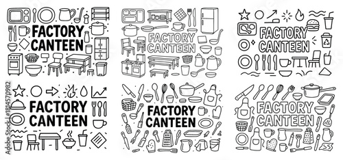 Factory canteen icons and kitchen utensils