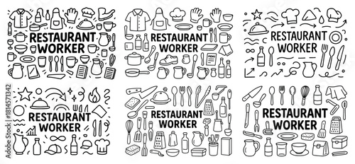 Restaurant worker tools and utensils doodle art