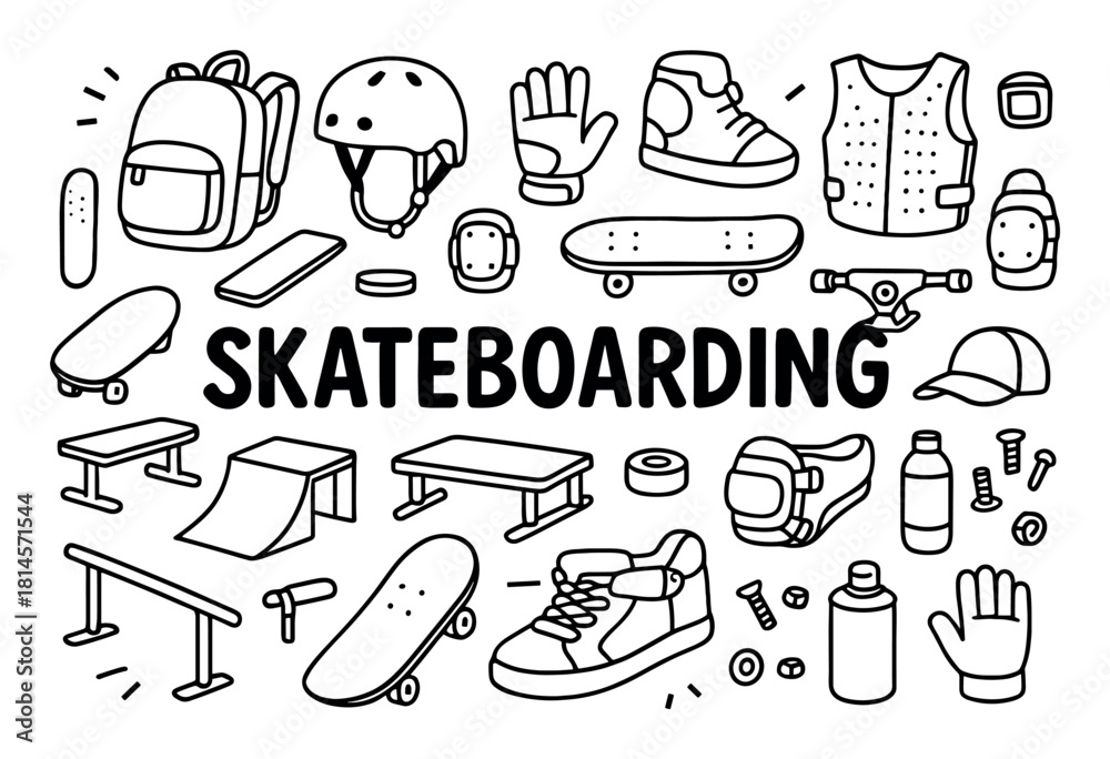 Obraz premium Skateboarding Essentials Doodle