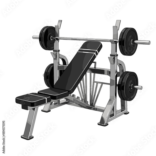 Vector Weight Bench with Barbell and Plates, Gym Fitness Equipment on Transparent Background