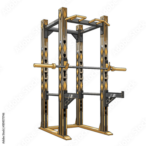 Sleek Gold and Black Vector Power Rack, Barbell, Fitness Equipment on Transparent Background