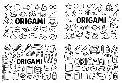 Origami icons and tools collection in black and white