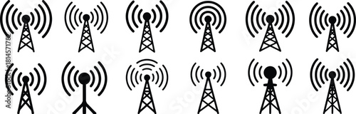 Set of Black Communication Tower Icons Transmitting Signal, Cell Tower Antenna Silhouettes