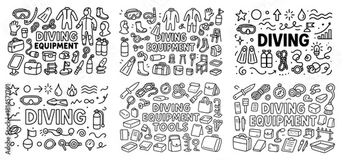 Diving equipment doodles set