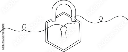 Continuous one-line art drawing of a hexagonal padlock symbol. Minimalist black vector graphic element for security and privacy isolated on a white background.