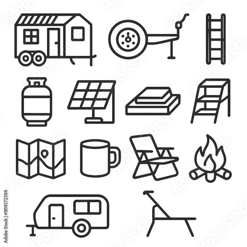 Tiny House Icons. Mobile tiny house linear icon set: trailer, wheel, hitch, ladder, propane tank, solar charger, rooftop vent, steps, map, cup, outdoor chair, fire pit