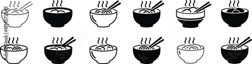 Variety of Ramen and Soup Bowls with Chopsticks in Black and White Icon Set