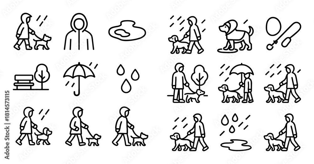 Fototapeta premium Rainy Dog Walking Icons