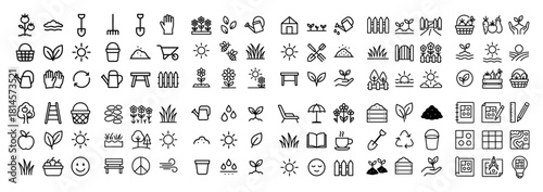 Garden icons set: tools, plants, leisure