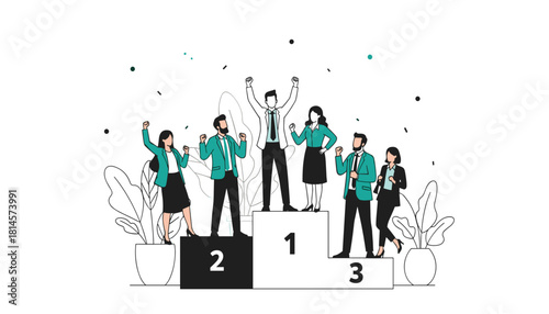 Winners podium vector illustration with celebrating individuals confetti and decorative plants