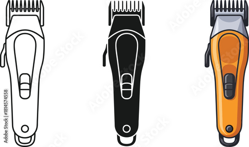 Electric hair clippers grooming tool for cutting and trimming hair vector illustration icons, silhouette 