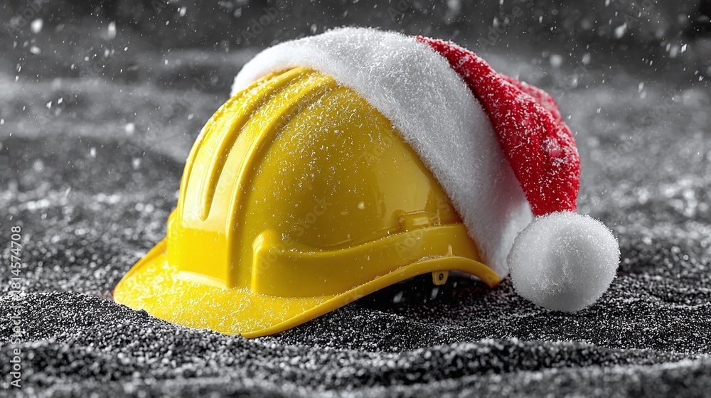 Naklejka premium Festive safety! A yellow construction hard hat is adorned with a Santa hat, dusted with snow against a gray background, offering a unique seasonal twist and holiday cheer.